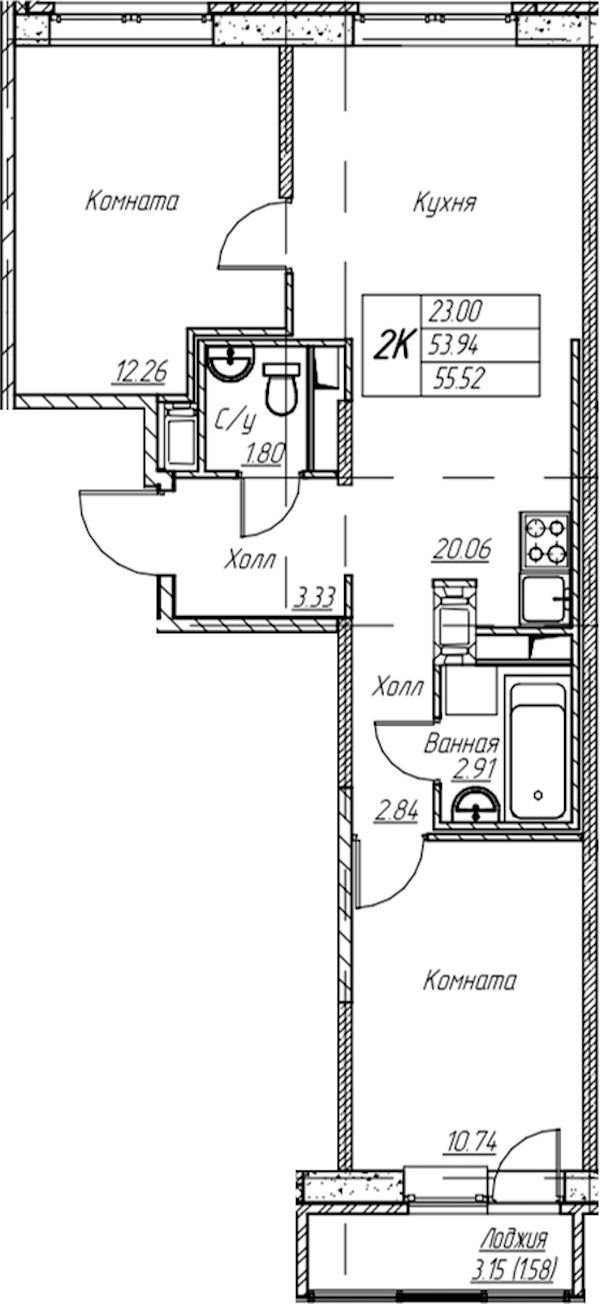 2-комнатная квартира 55.52 м², 13/22 эт., ЖК «Парк-квартал Юнтолово»